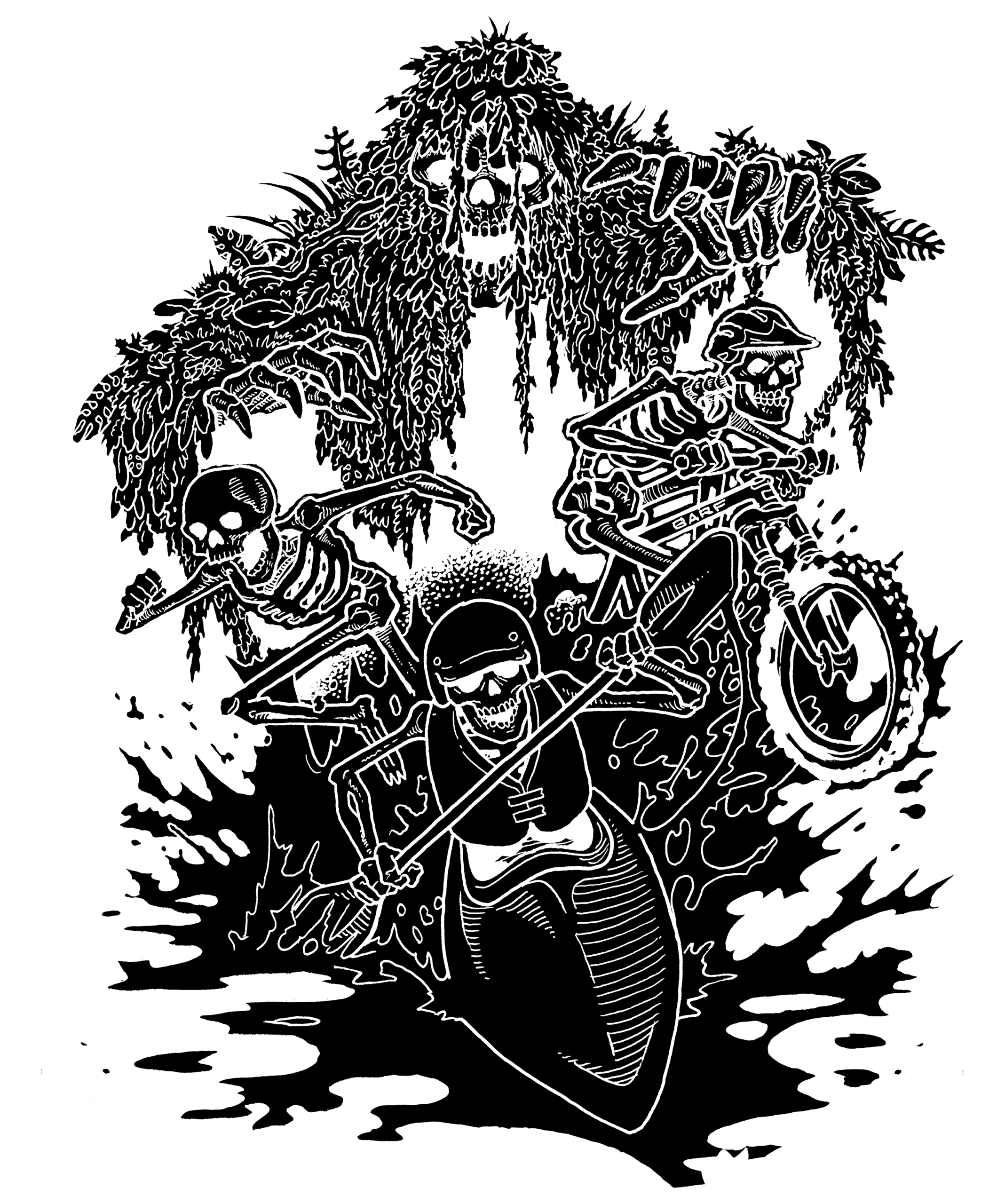 Illustration of skeletons paddling, mountain biking, and running beneath a moss-draped swamp creature
